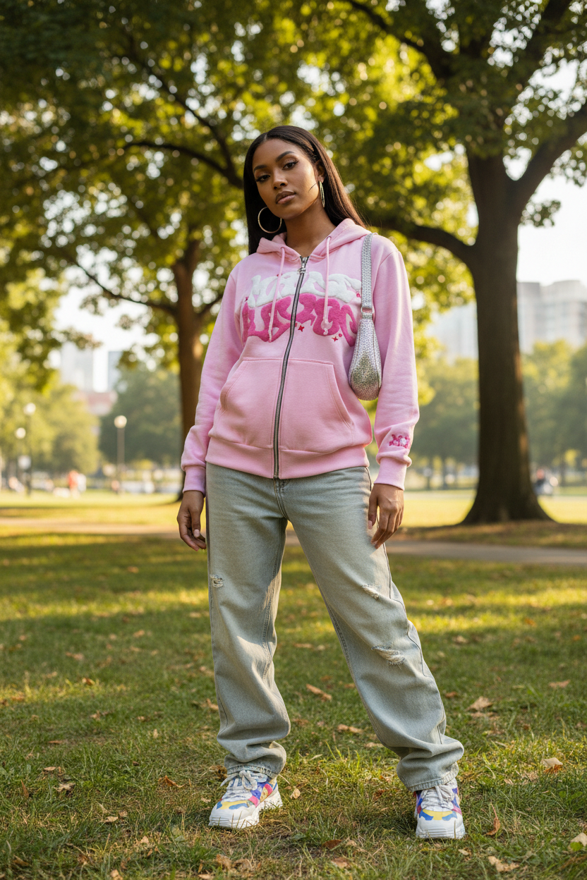 Printed Black Zip Hoodie