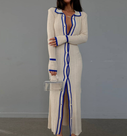 Lapel Patchwork Women's Long Sleeve Cardigan Dress