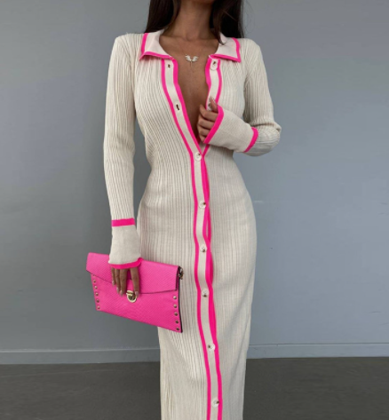 Lapel Patchwork Women's Long Sleeve Cardigan Dress