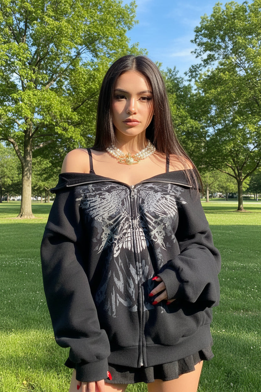 Y2K Butterfly Print Oversized Zip-Up Hoodie for Women