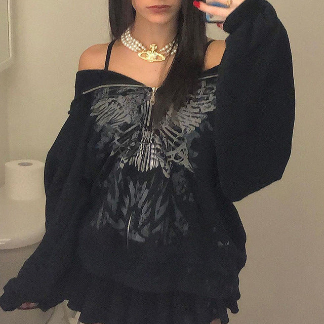 Y2K Butterfly Print Oversized Zip-Up Hoodie for Women